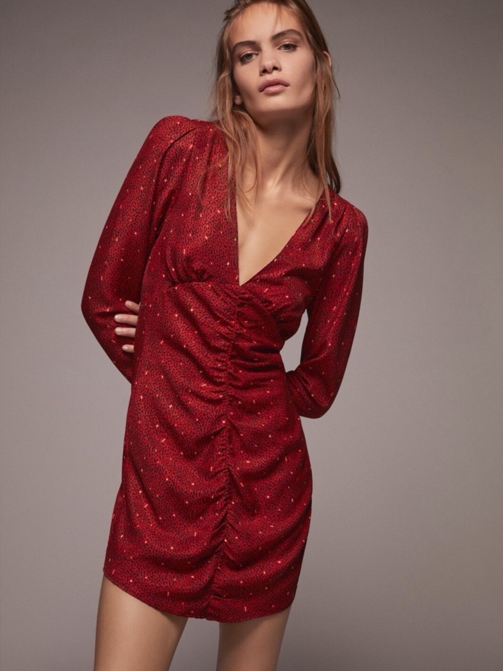 Zara Red Ruched Mini Dress Long Sleeve V Neck Size Small